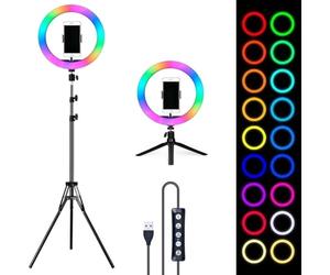 Aro de luz de 26cm de diámetro Led de 9 Colores con Soporte Ajustable Trípode más Anillo de luz RGB, Fotografía, Equipos de Estudio, Anillo de Iluminación, Vídeo (RGB + Tripode + Mini Tripode)