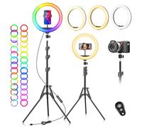 Aro de Luz LED con 2 Trípode, 10'' Anillo de Luz 15 Colores RGB, Regulable Ring Light con Soportes para Teléfono, Control Remoto Inalámbrico para Selfie, Cámara Fotografía, TikTok, Youtube Vídeo