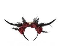 Aro de pelo de cuerno de oveja con plumas de Halloween, diadema de reina malvada, disfraz de bruja, accesorio para niña, cuernos de buey, cuernos de oveja, diadema negra de cabra