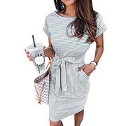 Arolina Vestido de verano de manga corta a rayas para mujer, vestido casual por debajo de la rodilla, cuello redondo, lazo en la cintura con bolsillos, Gris (Stripe Grey), Large