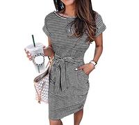 Arolina Vestido de verano de manga corta a rayas para mujer, vestido casual por debajo de la rodilla, cuello redondo, lazo en la cintura con bolsillos, Negro (Stripe Black), M