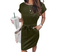 Arolina Vestido de verano de manga corta a rayas para mujer, vestido casual por debajo de la rodilla, cuello redondo, lazo en la cintura con bolsillos, Verde militar, XL