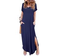 Arolina Vestido largo de verano para mujer, manga corta, cuello en V, casual, holgado, largo, con abertura, para playa, vacaciones, con bolsillos, Azul marino, XXL