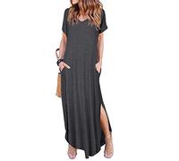 Arolina Vestido largo de verano para mujer, manga corta, cuello en V, casual, holgado, largo, con abertura, para playa, vacaciones, con bolsillos, Gris oscuro, XXL