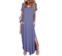 Arolina Vestido largo de verano para mujer, manga corta, cuello en V, casual, holgado, largo, con abertura, para playa, vacaciones, con bolsillos, Púrpura, gris, M