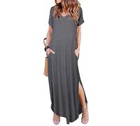 Arolina Vestido largo de verano para mujer, manga corta, cuello en V, casual, holgado, largo, con abertura, para playa, vacaciones, con bolsillos, Gris, XXL