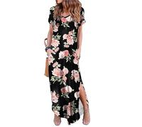 Arolina Vestido largo de verano para mujer, manga corta, cuello en V, casual, holgado, largo, con abertura, para playa, vacaciones, con bolsillos, Flor rosa claro., XXL