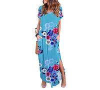 Arolina Vestido largo de verano para mujer, manga corta, cuello en V, casual, holgado, largo, con bolsillos, Flor azul cielo, XX-Large