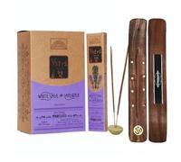 Aromasenses.- Incienso Yatra Parimal Salvia Blanca + Lavanda - Caja Completa con 12 cajetillas de 15 Gramos + 1 Tablilla Aromasenses - Incienso Masala Hecho a Mano (Salvia Blanca + Lavanda)