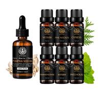Aromaterapia agujas de pino aceite esencial set con aceite base para masaje, 100% pura semilla de calabaza aceite esencial, 7x10ml 100% puro ciprés aceites set - Incienso,Mirra,Pachulí,vetiver Aceites
