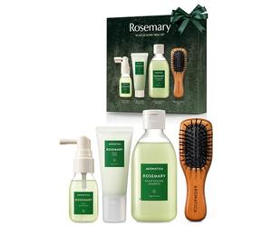 AROMATICA Kit de Prueba de Escalado del Cuero Cabelludo de Romero - Set de Regalo - [Mini Cepillo de Pelo de Madera / Champú 100ml / Potenciador de Raíces 30ml / Exfoliante de Cuero Cabelludo 30ml]