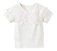 aromm Blusa Manga Corta para Niña Pequeños Tops de Algodón Uniforme Escolar Camisa Encaje Bordado Cuello de Muñeca(Blanco,120,4-5 años)