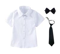 aromm Camisa Niño Uniforme Escolar Formal Manga Corta Botón Down Oxford Shirt con Corbata y Pajarita Blanco,13-14 Años