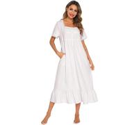 aromm Camisón de Algodón para Mujer Victoriano Manga Corta Botón Frontal Lactancia Materna Pijama Blanco con Bolsillos, M