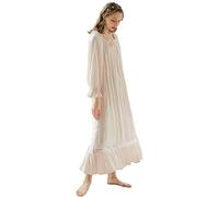 aromm Mujer Algodón Victoriano Camisón Adorno de Encaje Longitud Total Manga Larga Elástico Vestido de Dormir Rosa, XL