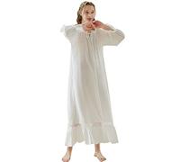 aromm Mujer Algodón Victoriano Camisón Adorno de Encaje Longitud Total Manga Larga Elástico Vestido de Dormir Blanco, S