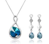 Aroncent 1PCS Collar 2PCS Pendientes Swarovski Cristal Azul Juego de Joyería Mujer Amor Infinito Plata de Ley Esterlina Aretes Largos de Perla Circonita Regalo Moda para Novia Pareja Fiesta