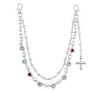 Aroncent Cadena para pantalones punk con cruz, cadena vaquera, 44 cm, Hip Hop de doble capa, cadena de perlas con cristal multicolor, llavero gótico, accesorio para hombre y mujer, unisex, plata