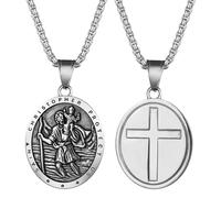Aroncent Collar con colgante de San Cristóbal: hombre y mujer, acero inoxidable, cadena de cruz de San Miguel, medallón protector católico, patrón de la aplicación de la ley, /, Acero inoxidable, No