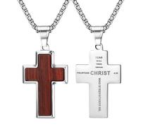 Aroncent Collar de cruz de la Biblia para hombre: acero inoxidable y madera, Filipenses, 4:13, versículo de la Biblia, colgante en forma de cruz con cadena de 60 cm, I Can Do All Things Through Christ