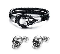 Aroncent Conjuntos de Joyerías para Hombre de Elemento de Cráneo Pendientes Platas y Pulseras de Cuero PU y Acero Inoxidable para Halloween Fiestas Regalo de Estilo Punk Rock