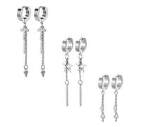 Aroncent Pendientes Aretes de Acero Inoxidable Quirúrgico Colgante Largo Cruz/Llave/Estrella Pendiente de Aro para Oído Agujero Hombre Mujer, Plata Negro Oro, 3Pares(6PCS) (Plateado)