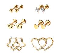 Aroncent Pendientes de acero inoxidable quirúrgico con parte trasera plana: 316L hipoalergénicos, juego de pendientes con diferentes motivos, ideal para mujeres para apilar múltiples piercings en oro,