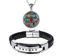 Aroncent Pulsera de Cuero Brazalete Tibetano Negro con Cierre Magnético Collar Budista de Acero Inoxidable Colgante Multicolor con Mantra Om Mani Padme Hum de Buena Suerte para Hombre - 2PCS