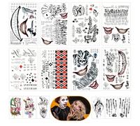 ARONRAVE 14 hojas Jok-er Tattoos Hombre Mujer JokerTattoo Jok-er Disfraz Tatuajes Payaso Joke-r Accesorios Cara Tatto-os Pegatinas para Carnaval Accesorios