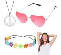 ARONRAVE Juego de disfraz hippie, ropa hippie de los años 70, accesorios para mujer, estilo hippie, con gafas vintage, símbolo de la paz, collar hippie, accesorios para mujer, vestido para carnaval