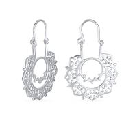 Boho Retro Filigrana Bali Tribal Mandala Sánscrito Círculo Forma Pendientes De Aros Para Mujer Adolescente .925 Plata De Ley U Lock Cierre De Alambre