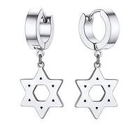 Aros delgados con estrella de david pendientes redondos hip hop acero inoxidable 316L para hombres círculos pequeños con colgante pentagrama regalo israel para reyes