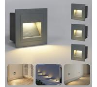 Arotelicht Juego de 4 luces LED de 3W para escaleras, aplique cuadrado, foco empotrable para interior 230V, lámpara de pared de aluminio blanco cálido 3000K IP44, gris
