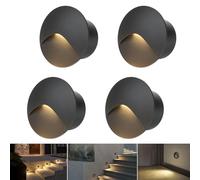 Arotelicht Lámpara de pared LED de 4 luces, blanco cálido 3000K, aluminio, luz para escaleras, 230V, foco empotrable redondo, 3W, resistente al agua, interior y exterior, negro, luz para escalones
