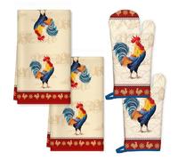Arquiel Gallo Vintage Paños De Cocina Guante De Horno 4PCS, Suaves Absorbentes Toallas De Té Resistente Al Calo Guante De Cocina para Decoración Comedor Banquete Bodas Familiar