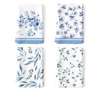 Arquiel Paños y Toallas de Cocina Algodon Set de 4, Toallas de Plato 100% Algodón Paño de Cocina Suaves y absorbentes Toallas de té y Toallas de Barra 48 x 70CM Flores Y Hojas Azules