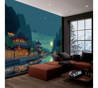 Arquitectura De Dibujos Animados Río Y Montañas Murales De Papel Pintado 500 x 280 cm, Fotomurales Pared Tejido No Tejido Cian Decorativos Murales póster para Dormitorio Salón TV Pared