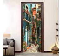 Arquitectura RomáNtica De La Ciudad Autoadhesivo Vinilos Para Puertas, Verde Autoadhesivo Adhesivo Fotográfico Para Puerta o Pared, Arte Mural Etiqueta Carteles Pegatinas De Pared Diy 86x200 cm