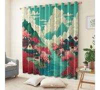 Arquitectura Tradicional China Montañas Y Flores Cortinas de Ventana 91.5 x 214 cm (2 Paneles), Opacas Térmicas Aislantes del Frío y del Calor Verde Azulado para Dormitorio o Sala de Estar Decoración