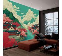 Arquitectura Tradicional China Montañas Y Flores Papel Pintado Efecto 3D 450 x 280 cm, Papel tapiz fotográfico Verde Azulado Fotomurales Pared Tejido No Tejido Decoración De Pared Sala Cuarto Salón