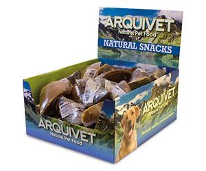 ARQUIVET Expositor 20 unidades Pezuña de ternera rellena de pollo - Snacks naturales para perros - Caja, bolsa de chuches, golosinas, premios, chucherías y recompensas caninas