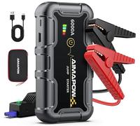 Arrancador de Baterias de Coche, Arrancador de Coches Portatil 6000A, 12V Jump Starter (hasta Todo Gas o Diésel de 10,0L), Clips de Seguridad Inteligentes, LED de 400 Lúmenes, Caja Portátil