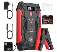 Arrancador de Coches 1800A, 12V Arrancador de Baterias de Coches con Compresor de Aire (para 5.5L Disésel o 7.0L Gas), Jump Starter, Clips de Seguridad Inteligentes, Luz LED, Admite Carga Inalámbrica