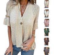 Arrangenal Hollow V-Neck Single Button Loose Short Sleeves,Women's Crochet Cardigan Blouse Down Open Front Loose Knit Sweater (Apricot,XXL)