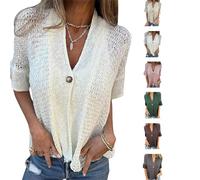 Arrangenal Hollow V-Neck Single Button Loose Short Sleeves,Women's Crochet Cardigan Blouse Down Open Front Loose Knit Sweater (White,L)