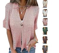 Arrangenal Hollow V-Neck Single Button Loose Short Sleeves,Women's Crochet Cardigan Blouse Down Open Front Loose Knit Sweater (Pink,L)