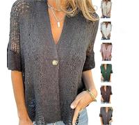 Arrangenal Hollow V-Neck Single Button Loose Short Sleeves,Women's Crochet Cardigan Blouse Down Open Front Loose Knit Sweater (Black,3XL)