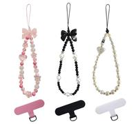 arrderly - Lote de 3 correas de teléfono de perlas - Cadena de teléfono móvil, pulsera de teléfono, correa de teléfono móvil con cuentas para mujeres y niñas con 3 parches universales