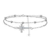 Arrebol Tobillera Pulsera para Mujer Plata de Ley 925 Cruz Tobillera Doble Cadena con Cuentas y Circonita Dulce Verano Descalzo Playa Cadena de Pie, Ajustable 22+4cm