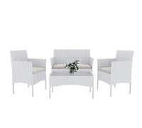 Arreditaly Juego de muebles de jardín salón de ratán de 4 plazas con mesa y estante de cristal 2 sillones y sofá de 2 plazas para jardín al aire libre piscina cojines extraíbles (blanco)